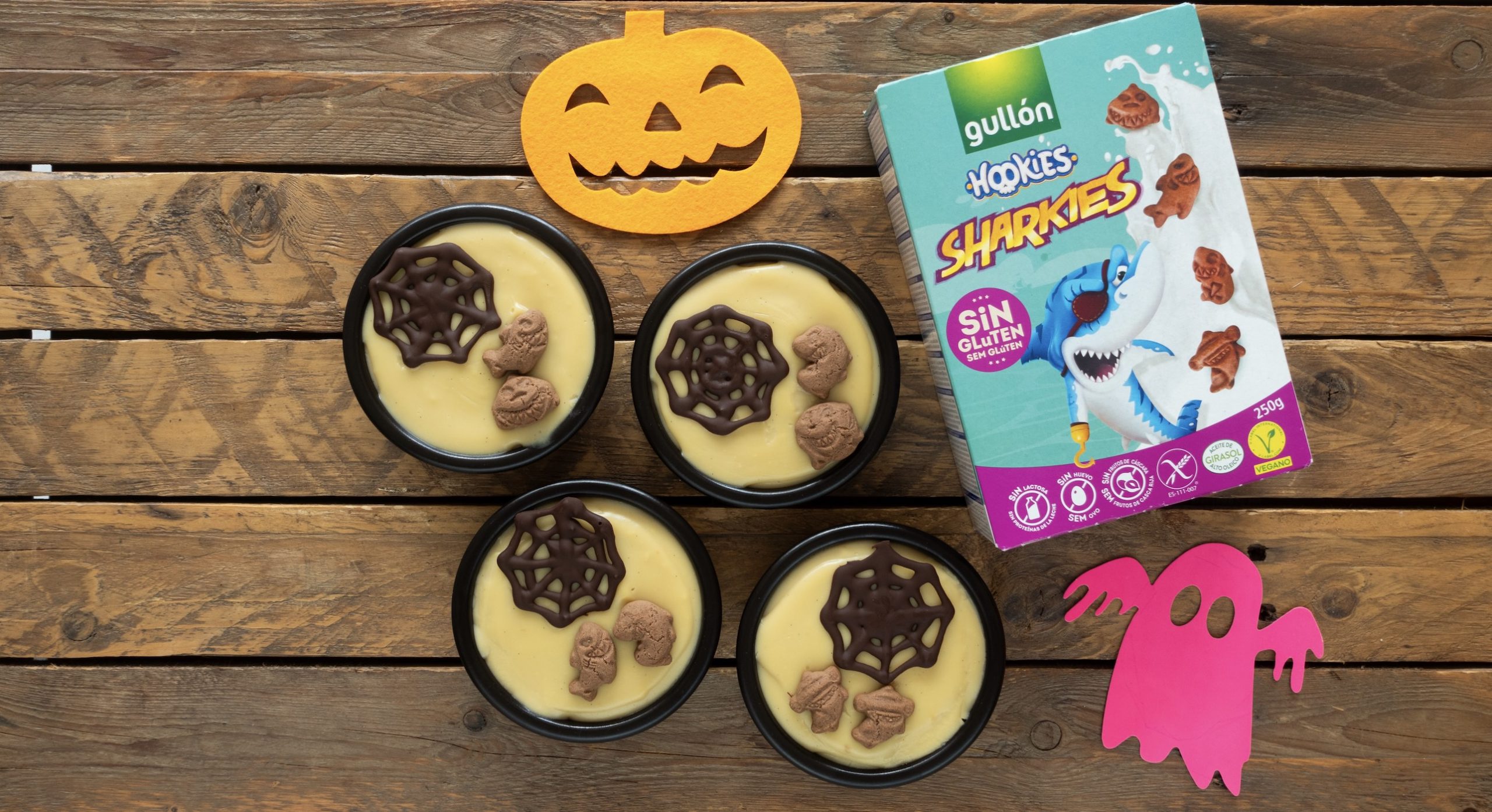 receta de halloween crema de chocolate blanco con sharkies sin gluten y sin lactosa